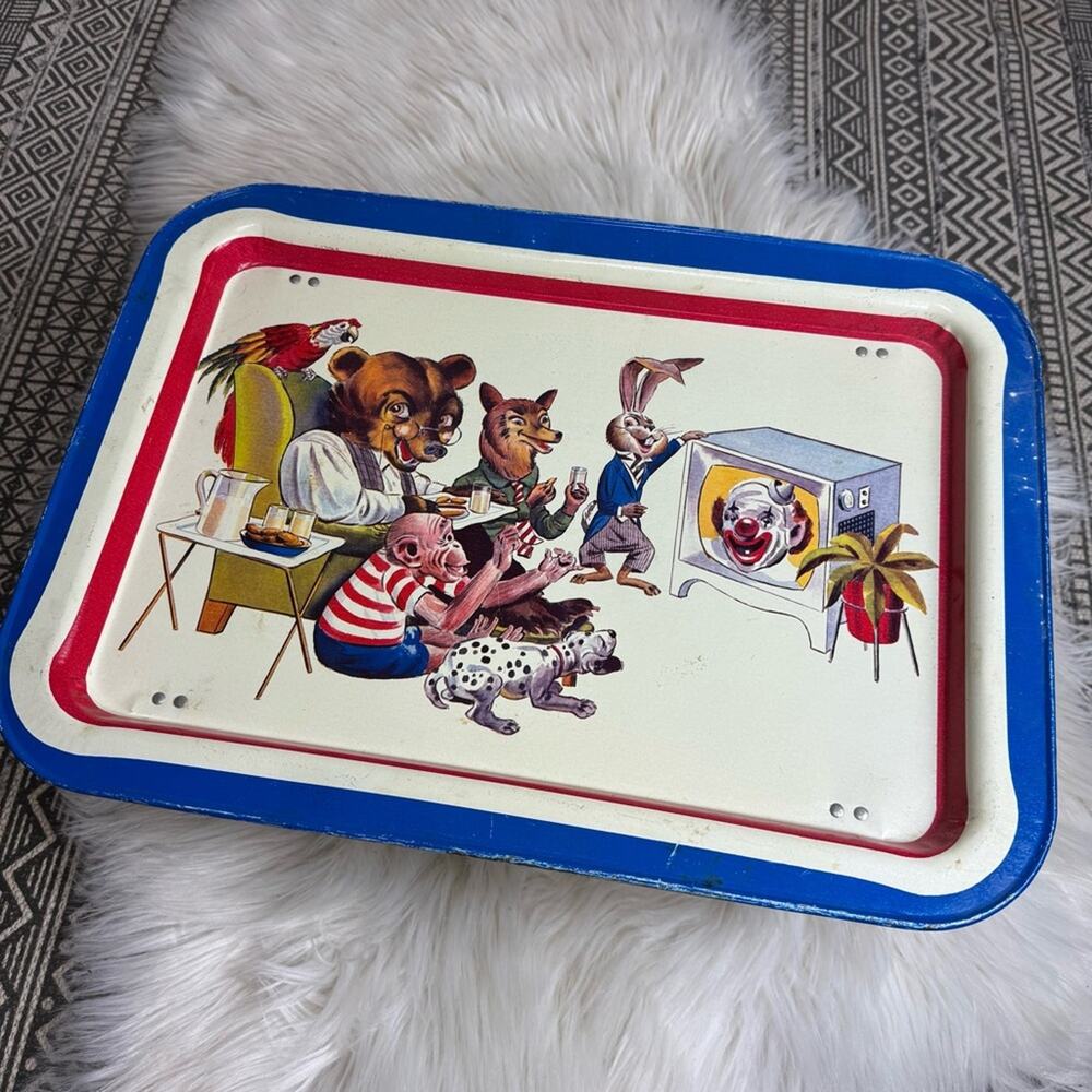 1950's Metal Tray of Animals watching Clown on TV, Dinner Tray, Folding‎ Legs